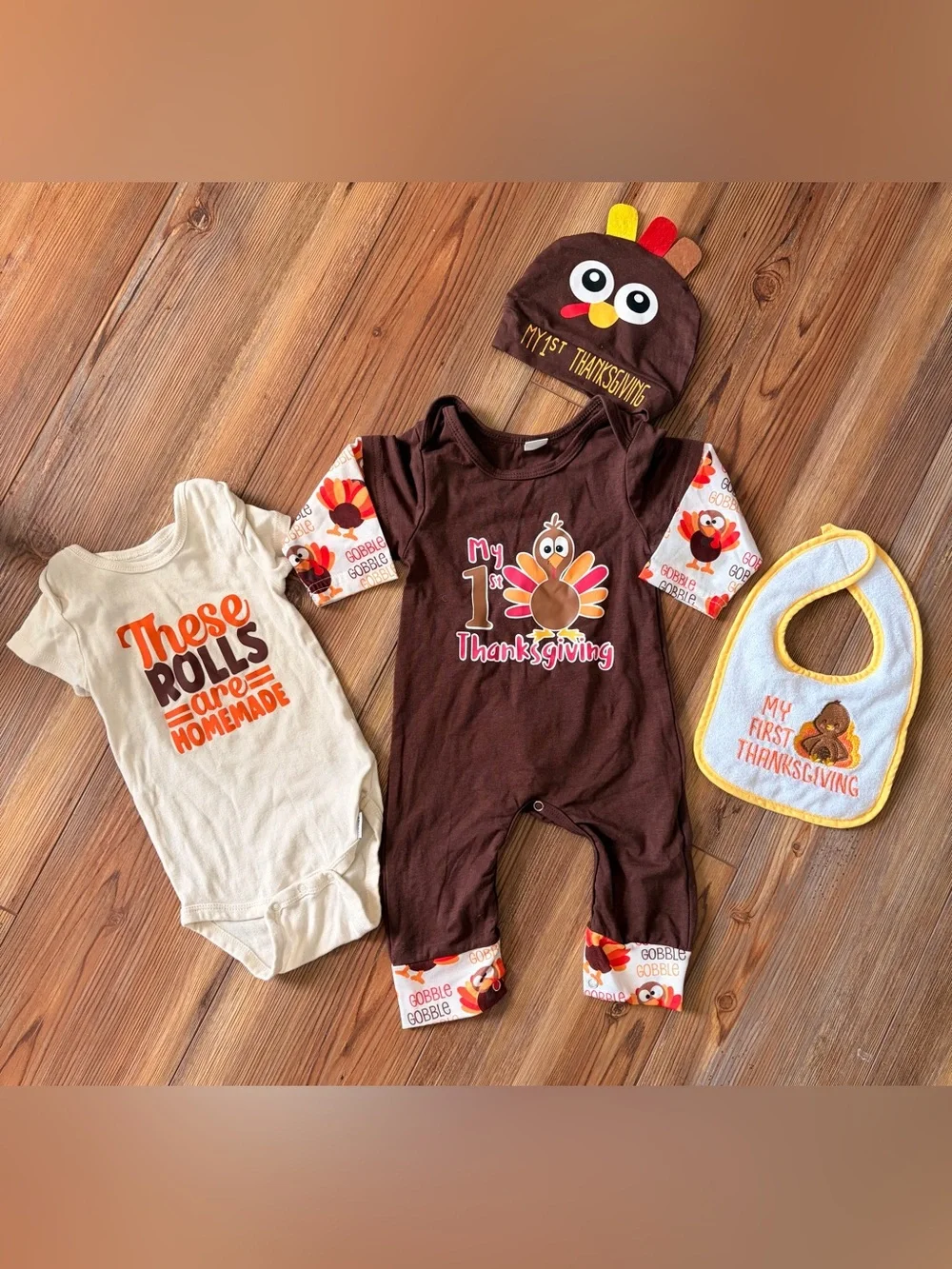 12 Months Thanksgiving Outfits Bib Hat Bodysuit Turkey Theme
